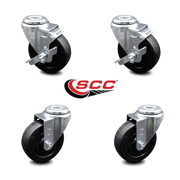 4 Inch Soft Rubber Wheel Swivel Bolt Hole Caster Set with 2 Brake